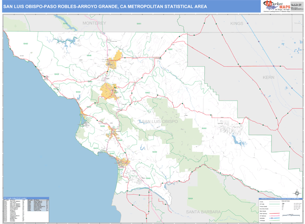 San Luis Obispo-Paso Robles-Arroyo Grande Metro Area Wall Map Basic Style